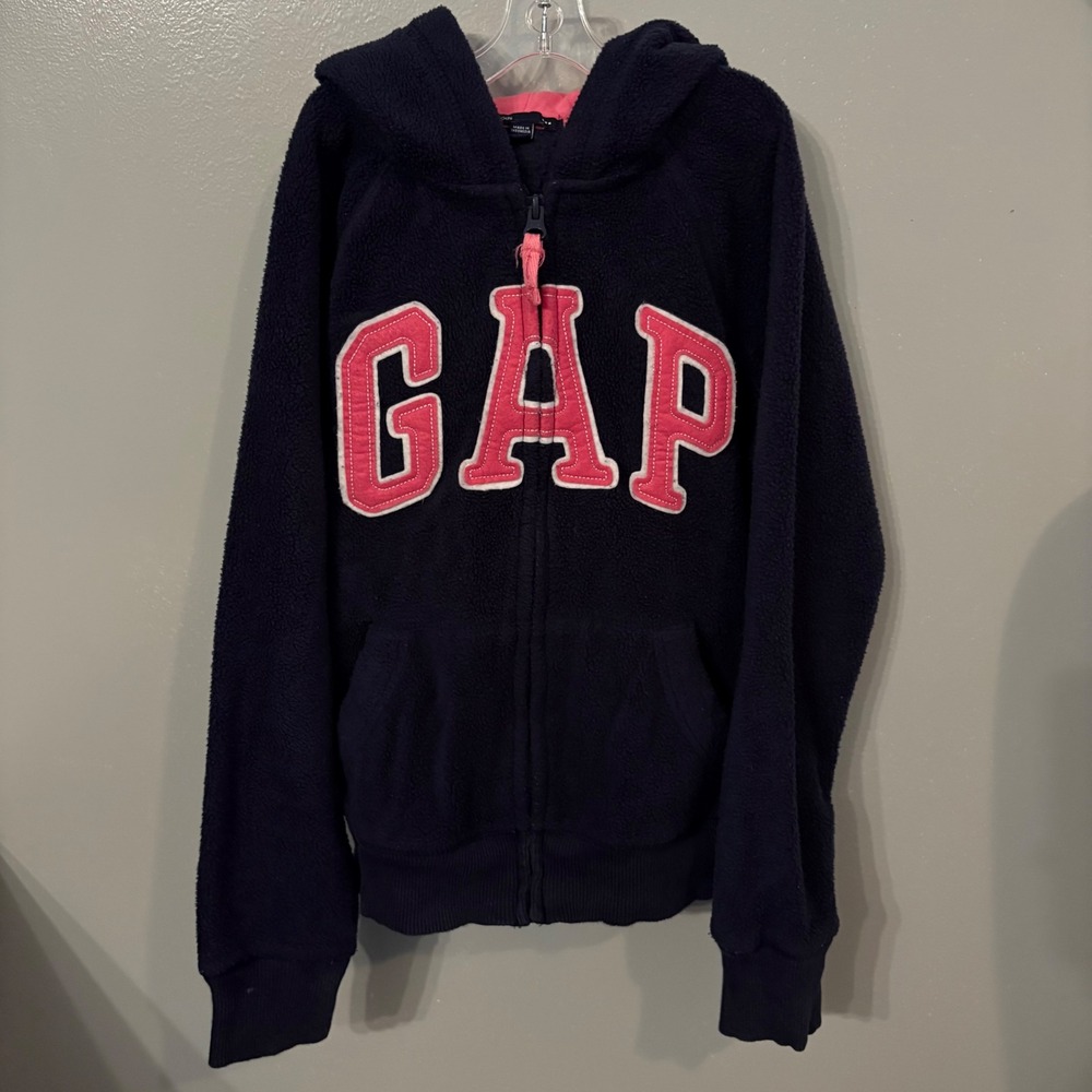 GAP Full Zip Hoodie Sweatshirt Fleece Jacket Pink Lined Navy Blue (Youth Large)
